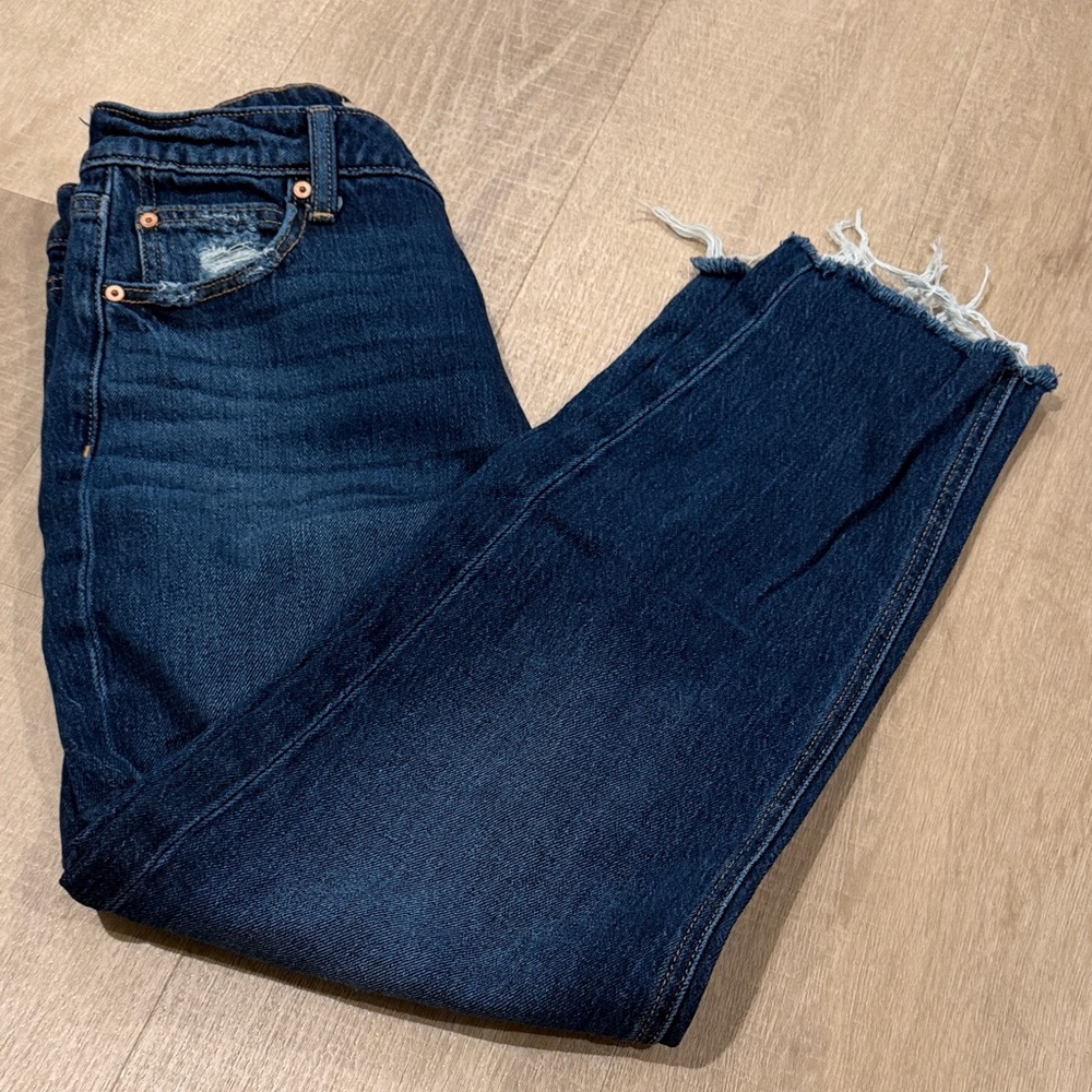 Dark Blue Frayed Hem Cropped Jeans